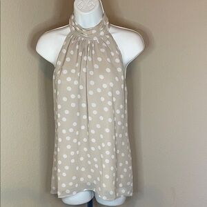 White House Black Market Tan and White Polka Dot Blouse